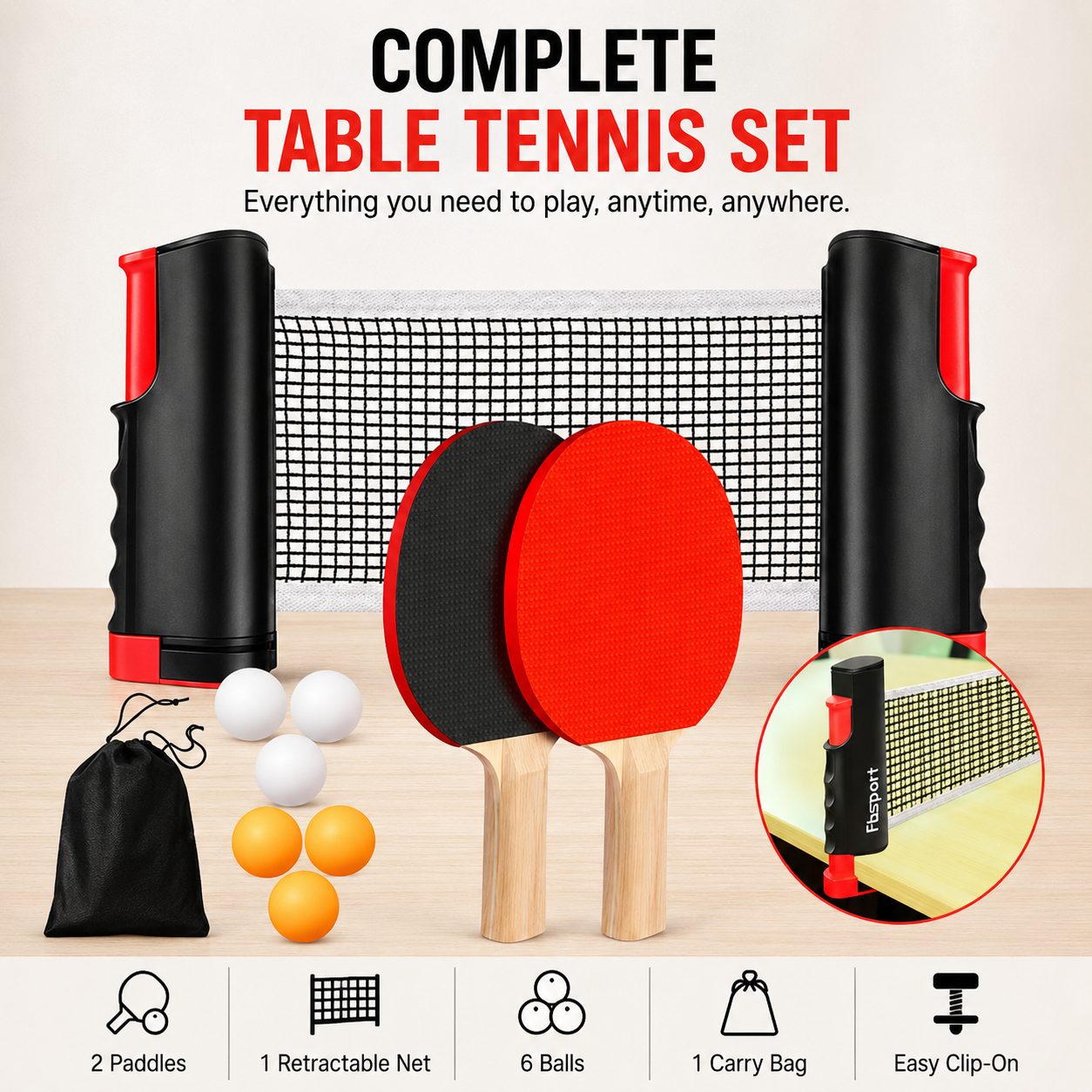 AnyTable™ Portable Table Tennis Set