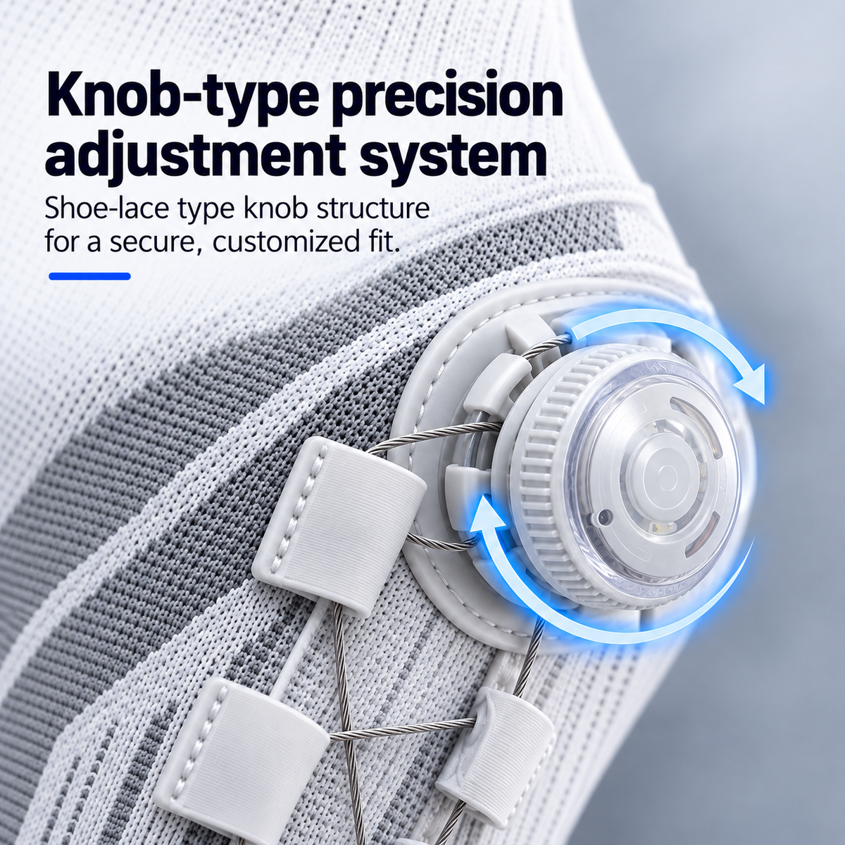 Close-up of a shoe lace adjustment system on a gray and white knit sock, with text reading 'Knob-type precision adjustment system' and blue arrows showing the tightening motion.